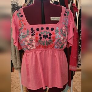 Crown & Ivy Pink Floral Embroidered Blouse